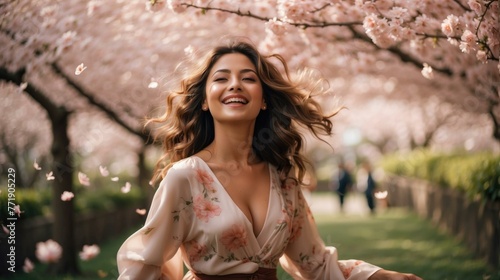 A woman is smiling while walking under cherry blossoms. Generative AI. © serg3d