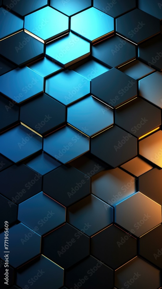 A close up of a black and blue background with hexagons. Generative AI. A close up of a black and blue background with hexagons. Generative AI.