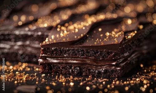 A close up of a chocolate cake with gold sprinkles. Generative AI.