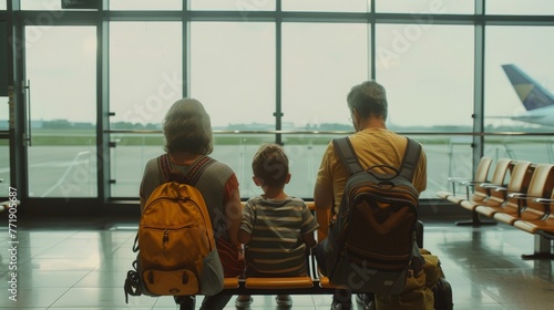 family travel trip, Family waiting in airport terminal, Generative AI
