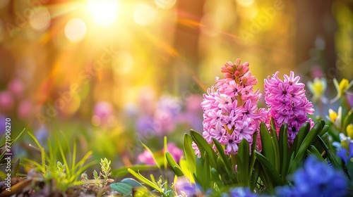 Spring glade in forest with flowering pink and purple hyacinths in sunny day in nature. Colorful natural spring landscape with with flowers, soft selective focus , Generative ai, photo