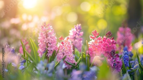 Spring glade in forest with flowering pink and purple hyacinths in sunny day in nature. Colorful natural spring landscape with with flowers, soft selective focus , Generative ai, photo