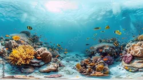 Underwater panorama 360 of coral reef on the red sea under water ocean landscape with colorful tropical fish marine life , Generative ai, 