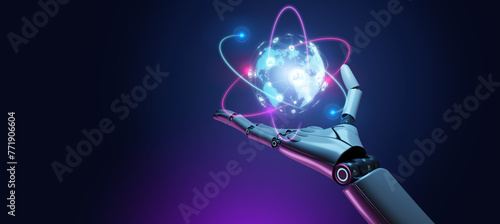 AI robot hand with dark background.Robot Hand Holding hologram planet Earth and social network.Three dimensional render of robotic hand holding glowing planet earth.3d render and illustration © Yingyaipumi