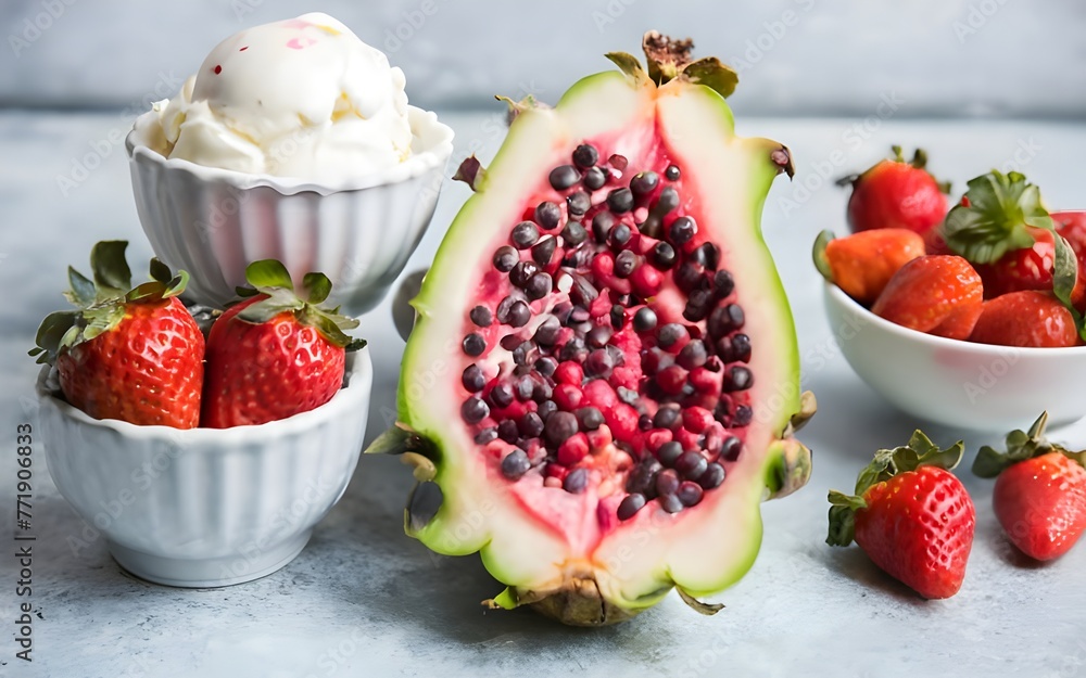 delectable and colorful photo of a freshly cut pitaya fruit bowl, filled with vibrant pink and red pitaya flesh, scoops of creamy and fruity ice cream, and fresh strawberries delectable and colorful photo of a freshly cut pitaya fruit bowl, filled with vibrant pink and red pitaya flesh, scoops of creamy and fruity ice cream, and fresh strawberries