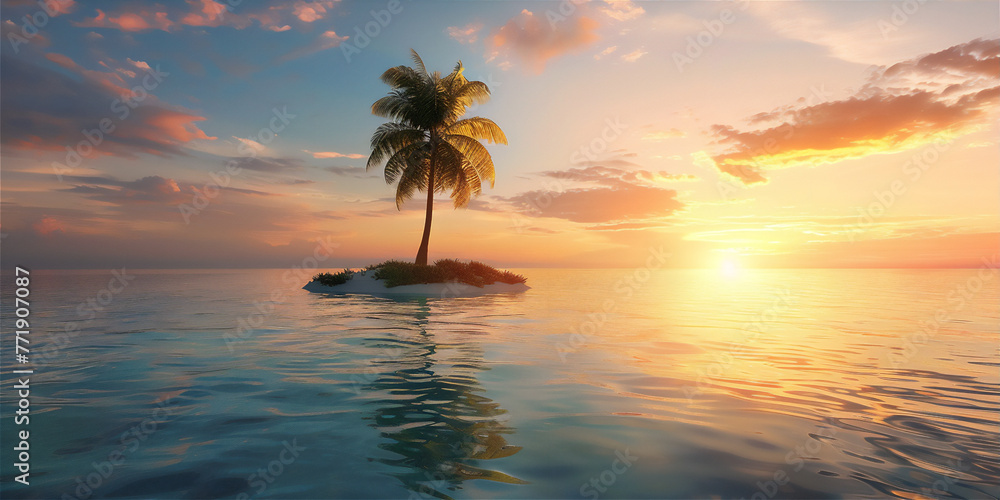 Little Tropical Island with coconut tree and clear water of the calm sea at sunset
