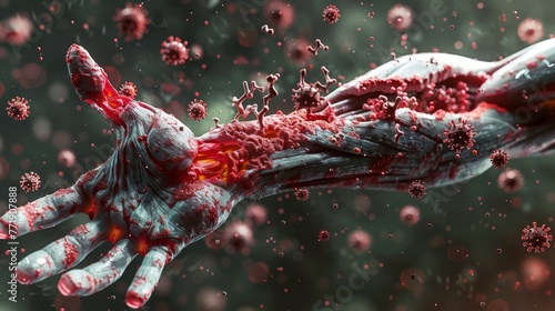 Rendered image of a red infected hand with bacteria concept for necrotizing fasciitis

 photo