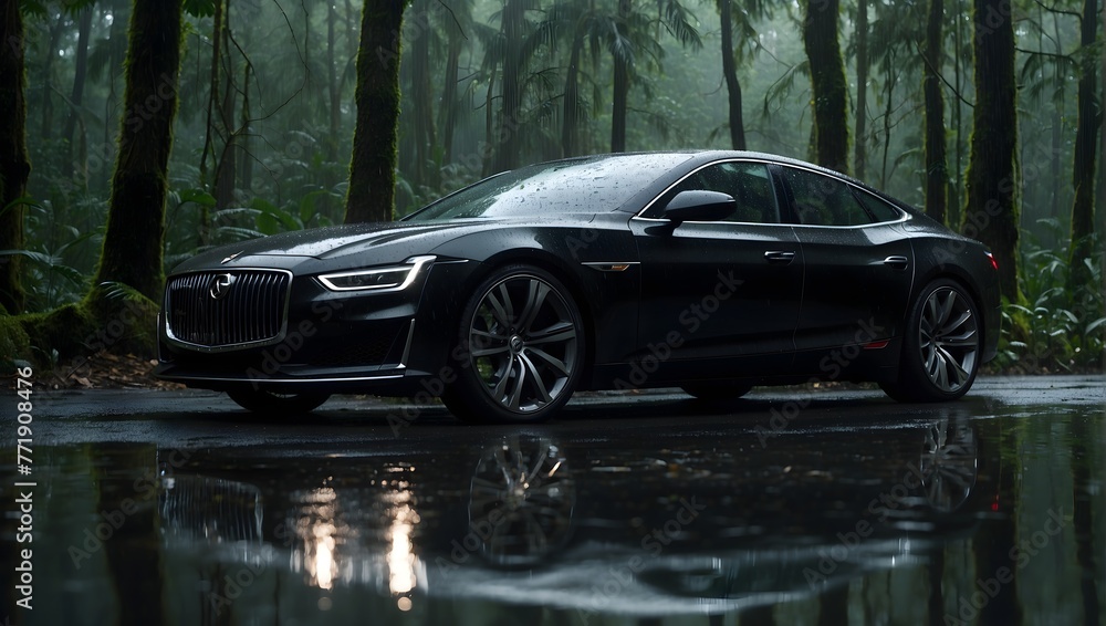 A luxurious new black car with tinted windows driving through a rain-soaked forest, water droplets streaming across its shiny surface Generative AI