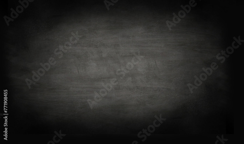 Chalkboard or black board texture abstract background with grunge dirt white chalk rubbed out on blank black billboard wall photo