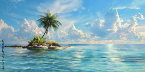 Little Tropical Island with coconut tree and clear water of the sea and blue sky