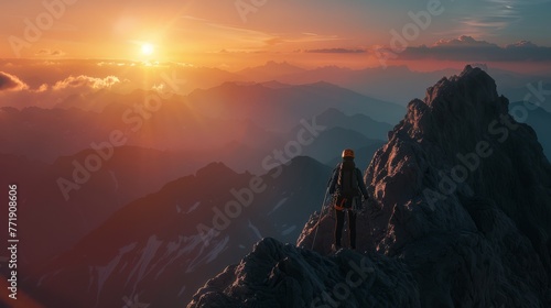 Mountain climber, high mountains, sunset