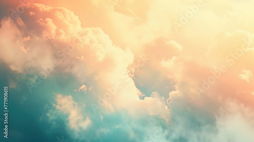 Beautiful abstract background with soft pastel colors and blurred sky with clouds. Soft light from the sun creates gentle rays of light photo