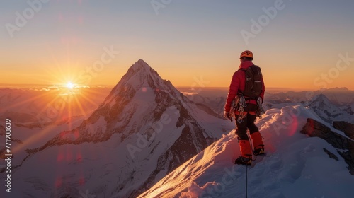 Image of a mountain climber standing on a snow-capped peak at sunset.