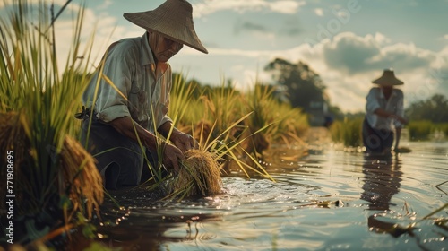 Thai farmers are harvesting rice in the process of harvesting rice. © jutarat