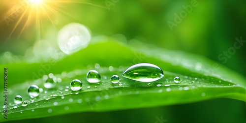 Dewdrops on leaves, selective focus, green background