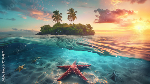 Scenic Beach with island and coconut trees with starfish under clear water at sunset, landscape orientation, 