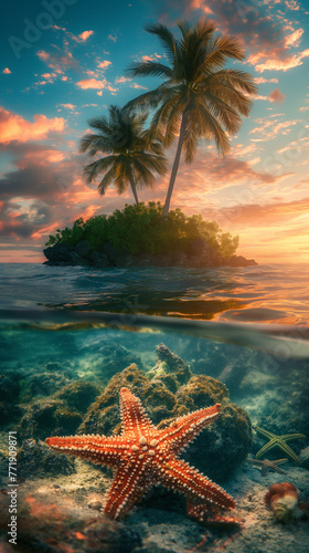 Beach with island and coconut trees with starfish under water at sunset