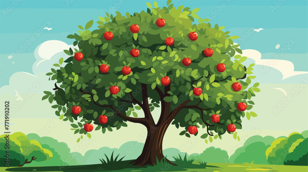 Vector apple tree isolated on green round flat cart