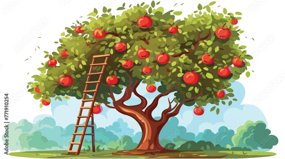 Vector apple tree ladder and basket of apples flat