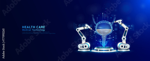 Robot arms operating healing bladder on the podium. Robotic surgery. Machine surgeon in health care and diagnose disease. Modern medical technologies innovation concept. Banner vector EPS10.