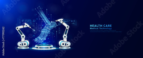 Robot arms operating healing ankle bone joint on the podium. Robotic surgery. Machine surgeon in health care and diagnose disease. Modern medical technologies innovation concept. Banner vector EPS10.