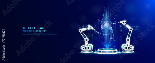 Robot arms operating healing bone knee joint on the podium. Robotic surgery. Machine surgeon in health care and diagnose disease. Modern medical technologies innovation concept. Banner vector EPS10.