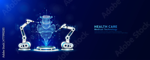 Robot arms operating healing sacrum bone on the podium. Robotic surgery. Machine surgeon in health care and diagnose disease. Modern medical technologies innovation concept. Banner vector EPS10.