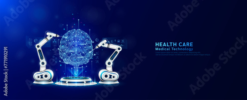 Robot arms operating healing human brain on the podium. Robotic surgery. Machine surgeon in health care and diagnose disease. Modern medical technologies innovation concept. Banner vector EPS10.