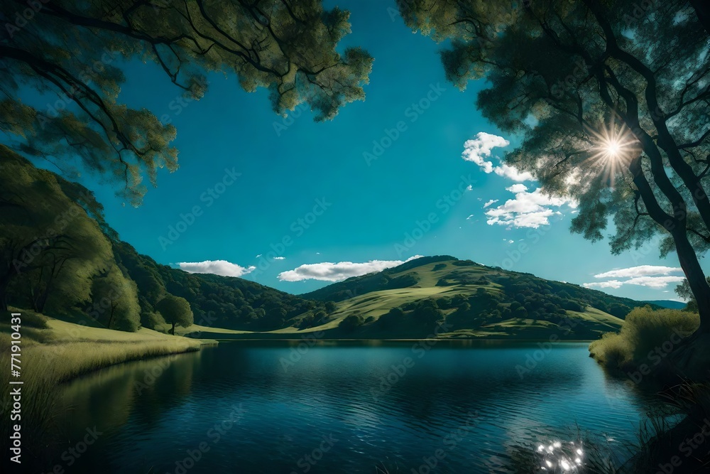 A tranquil lake surrounded by rolling hills and gentle slopes, with a clear blue sky above.