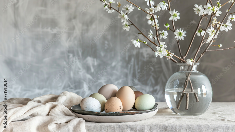 Easter serving with light dishes. Easter minimalism and rustic. Easter eggs on a gray background with flowering tree branches.