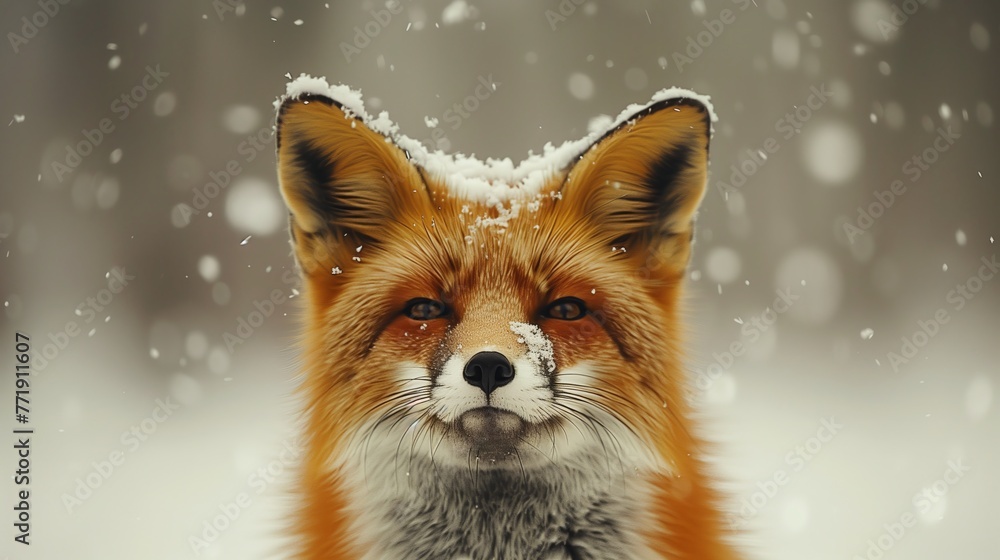 Red Fox in Winter Snowfall Close-Up. Red fox gazes forward with snowflakes adorning its fur against a snowy backdrop.