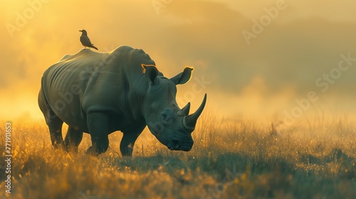 Rhinoceros in Misty Morning Golden Light. Rhinoceros stands in the morning mist, illuminated by the golden light of dawn, with a bird companion perched on its back. #771911653