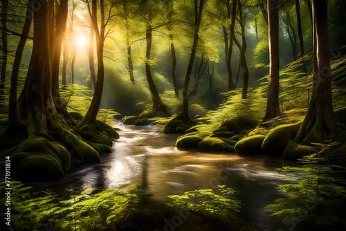 A peaceful river winding through a dense forest  with sunlight filtering through the canopy of trees.