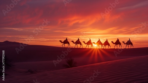 Camel Caravan Crossing Desert at Sunset. Majestic caravan of camels crosses a sandy desert with a stunning sunset backdrop  evoking a sense of adventure and tranquility.