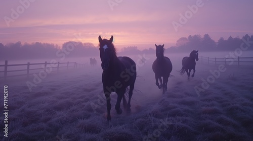 Horses Running in Misty Morning Field. Ethereal scene of horses running freely in a mist-covered field at dawn, with the first light casting a magical glow.