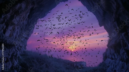 Bats Flying Out of Cave at Sunset. Silhouetted against a purple sunset, a swarm of bats exits a cave, taking to the evening sky in a natural spectacle. © Old Man Stocker