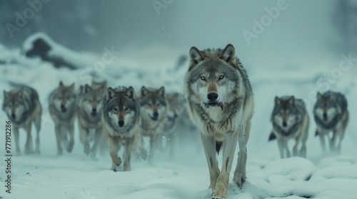 Alpha Wolf Leading Pack in Snowy Terrain. Alpha wolf leads its pack through a snowy landscape, their fur frosted with ice, embodying the spirit of the wilderness. © Old Man Stocker