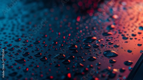 Water droplets on a laptop screen, backlight glow, macro shot, clear details , High details