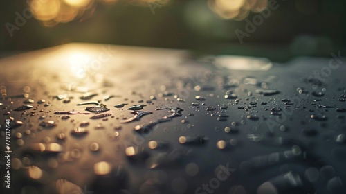 Water droplets on a sleek laptop under soft light, closeup, bokeh background , golden proportion photo