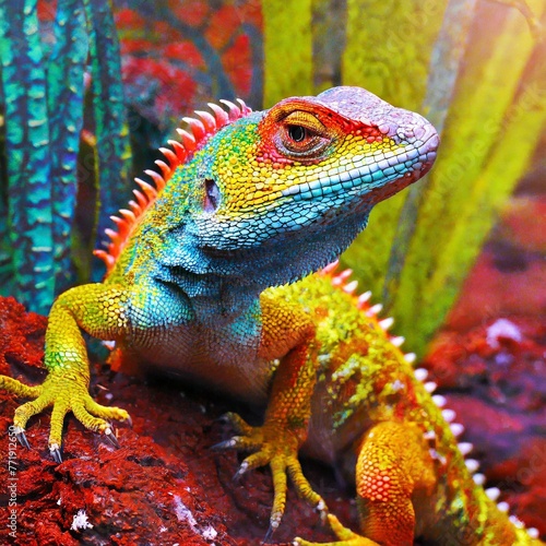 Vivid Marvel: Beautiful Colorful Lizard Basks in Sunlight" Natural Habitat"Close-up