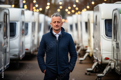 Line of Brand New Camper Vans Motorhomes Awaiting Clients on Dealership Sales Lot with manager