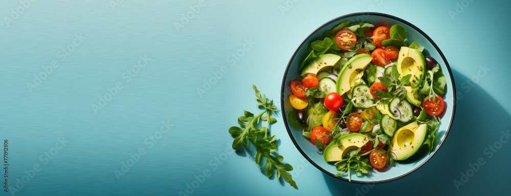 Fresh summer salad on light blue background, top view Fresh summer salad on light blue background, top view
