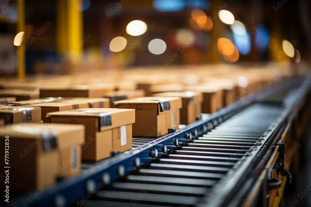 Cardboard boxes on conveyor rollers, ready to be shipped AI generated Cardboard boxes on conveyor rollers, ready to be shipped AI generated