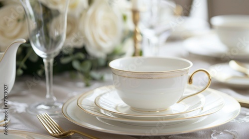 Classic white bone china dinner set with delicate gold trim, exuding timeless elegance for special occasions.