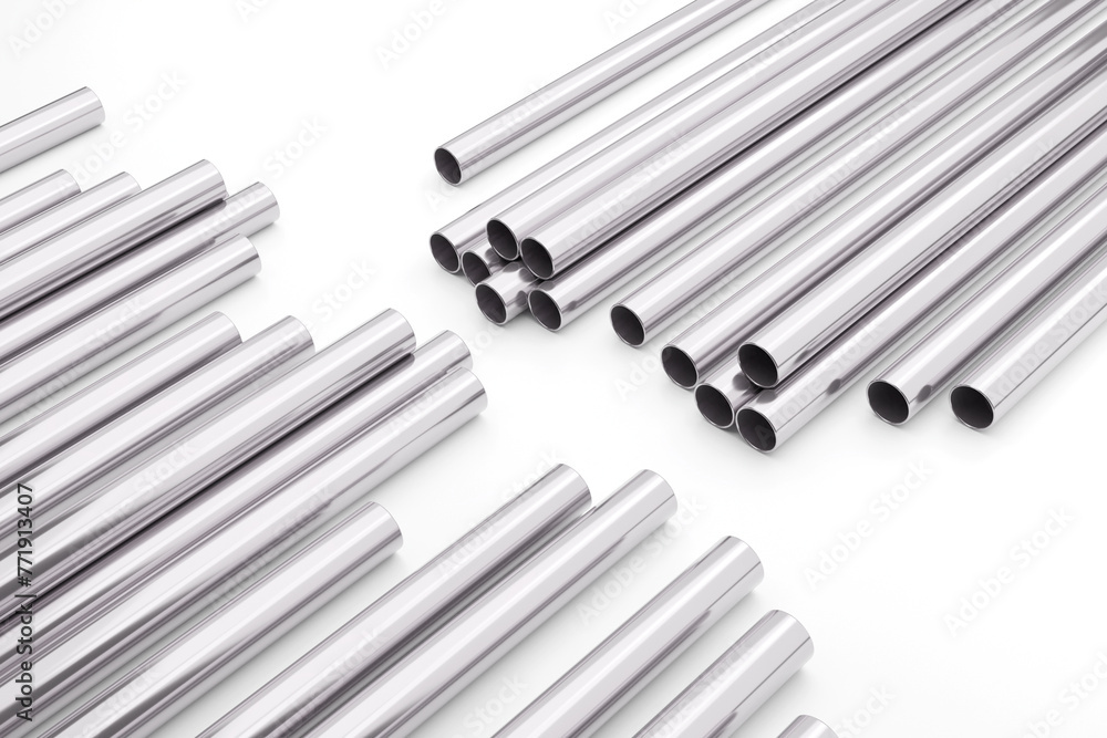 stack of metal pipes. Rolled metal products. Different metal rolled products. Stainless steel profiles and tubes. Steel profiles and tubes. Stainless steel. 3D Rendering. stack of metal pipes. Rolled metal products. Different metal rolled products. Stainless steel profiles and tubes. Steel profiles and tubes. Stainless steel. 3D Rendering.