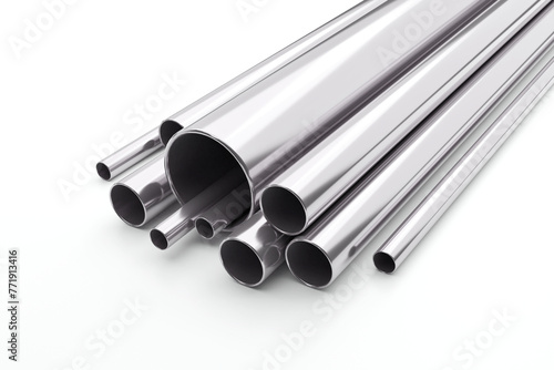 stack of steel pipes. Stainless steel, Steel pipes, stainless steel, on white background. Large group of steel tubes. metal pipes. 3D Rendering.
