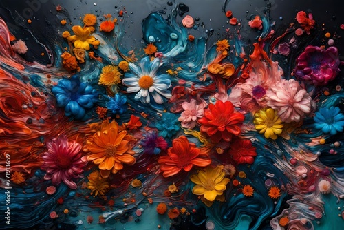 A captivating composition featuring fluid and splashing liquids in vibrant colors, creating an abstract representation of flowers on a sleek and modern backdrop.