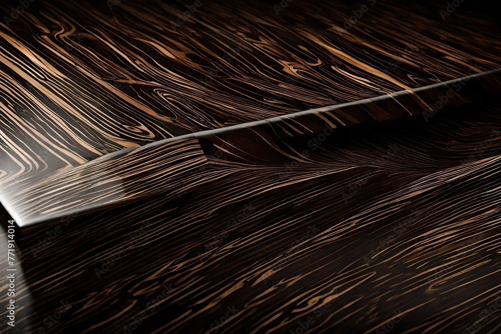 Obraz premium A close-up of a polished ebony desk with a sleek abstract design, creating a luxurious backdrop for text.