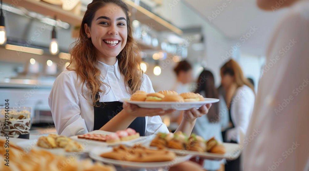 Female waiter serving snacks at business event or party during coffee break