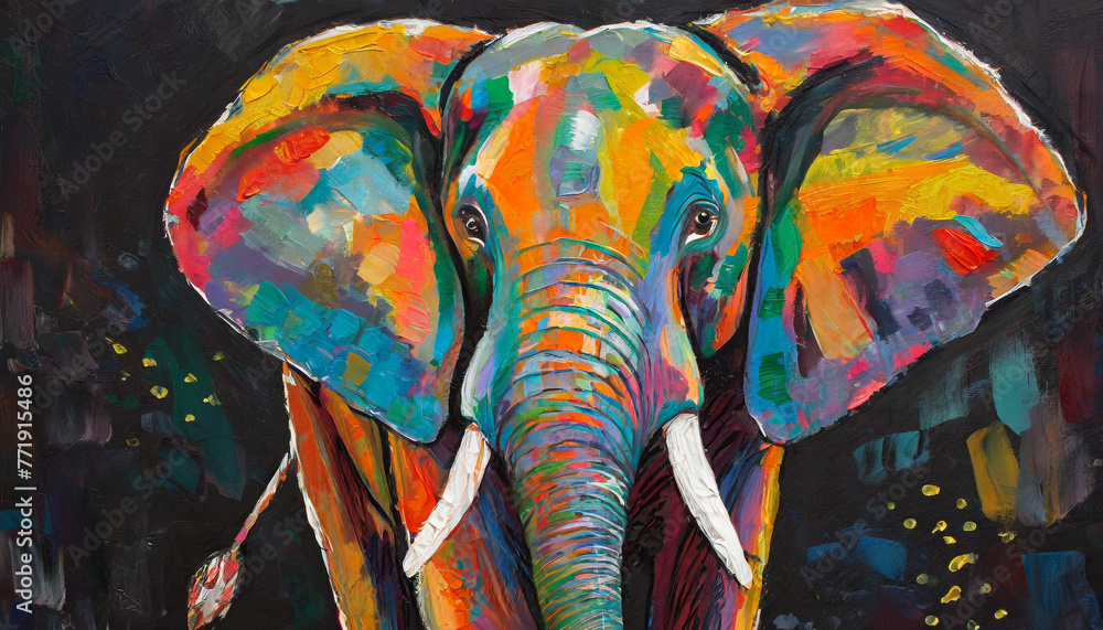 Oil elephant portrait painting in multicolored tones. Conceptual abstract painting of a elephant on the black background on canvas.